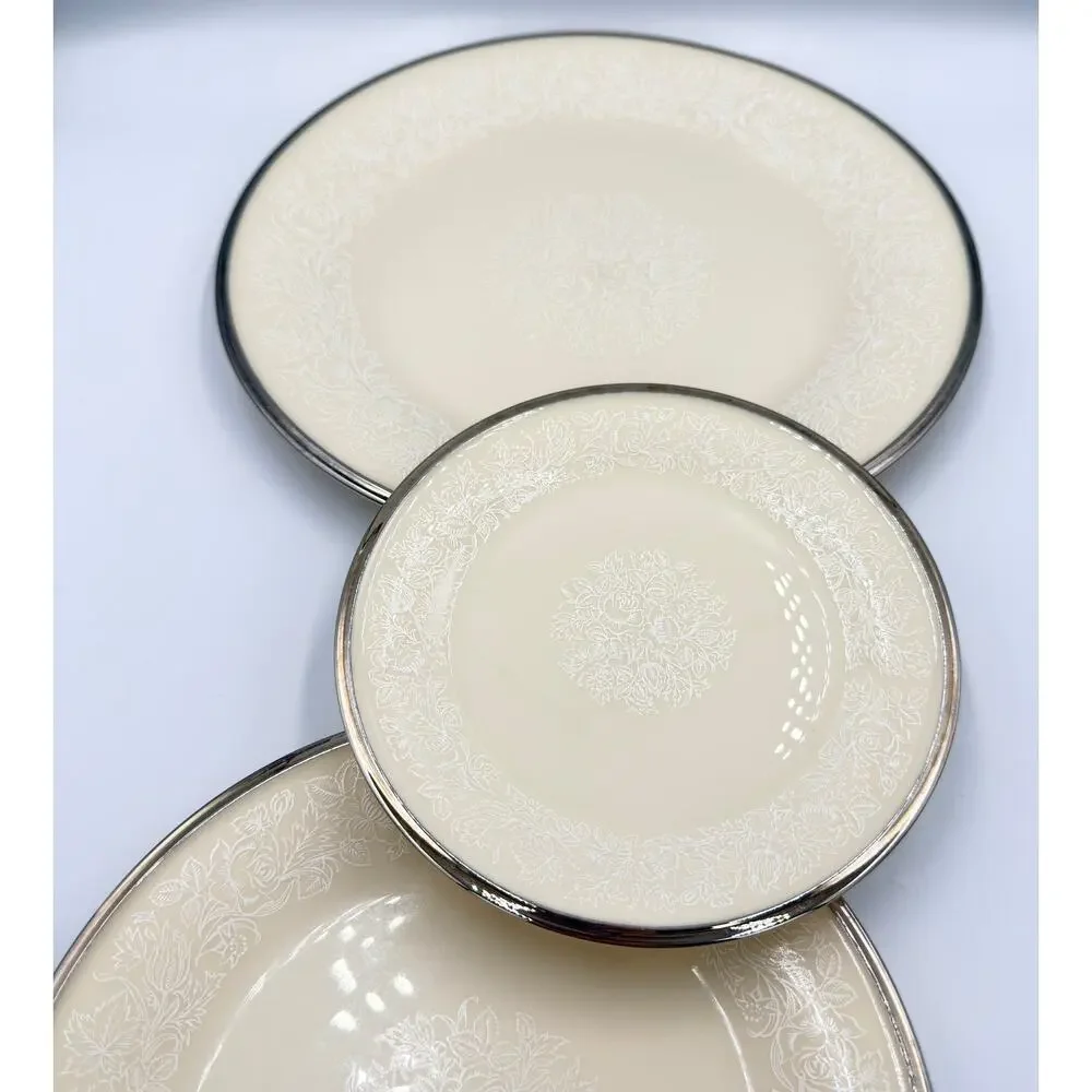 Lenox Moonspun China Platinum Trim 3pc Plate Set Dinner, Salad Bread